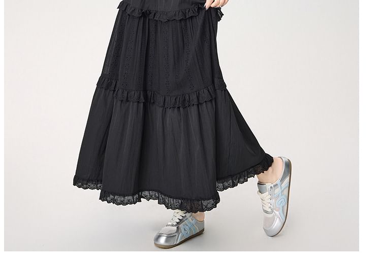 High Waist Plain Lace Trim Tiered Maxi A-Line Skirt
