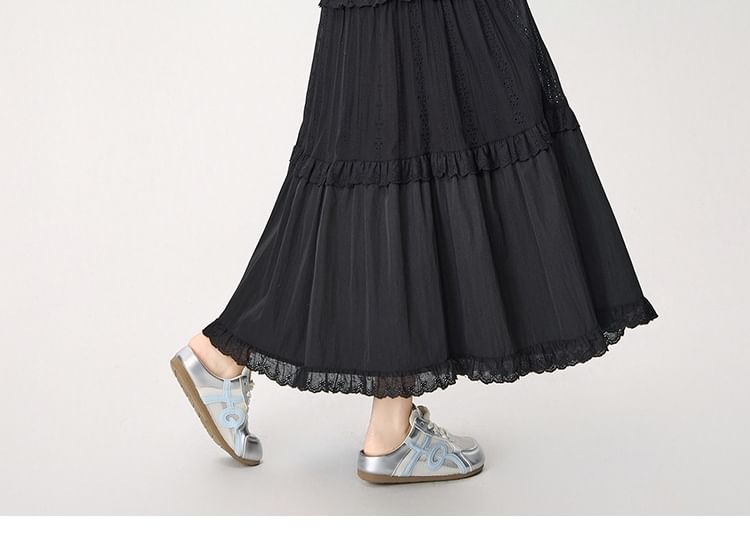 High Waist Plain Lace Trim Tiered Maxi A-Line Skirt
