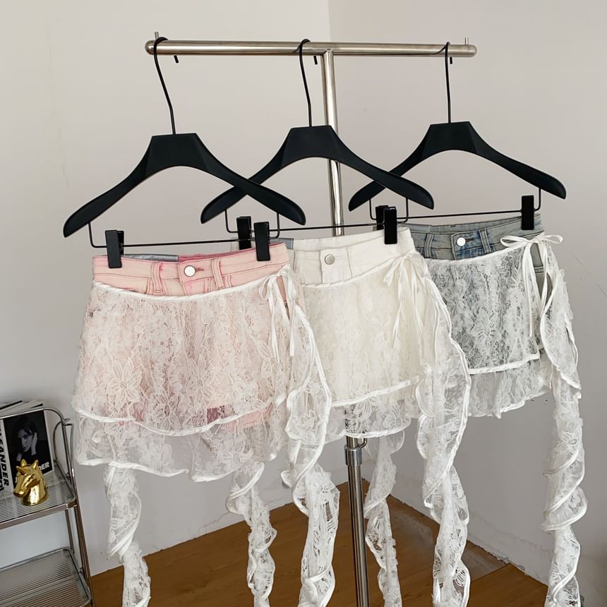 High Waist Skirt Overlay Panel Lace Denim Shorts