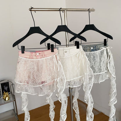 High Waist Skirt Overlay Panel Lace Denim Shorts