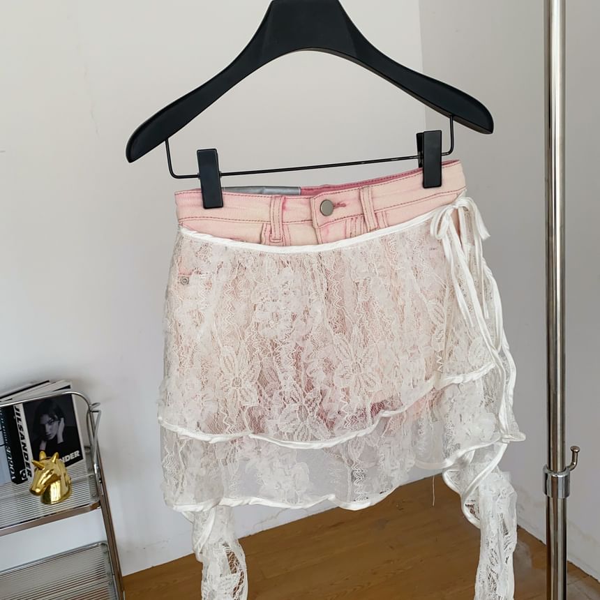High Waist Skirt Overlay Panel Lace Denim Shorts