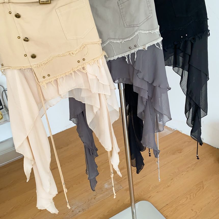 High Waist Ruffle Fray Studded Belted Panel Mesh Mini A-Line Skirt