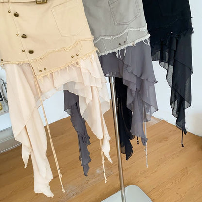 High Waist Ruffle Fray Studded Belted Panel Mesh Mini A-Line Skirt