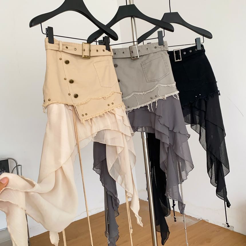 High Waist Ruffle Fray Studded Belted Panel Mesh Mini A-Line Skirt