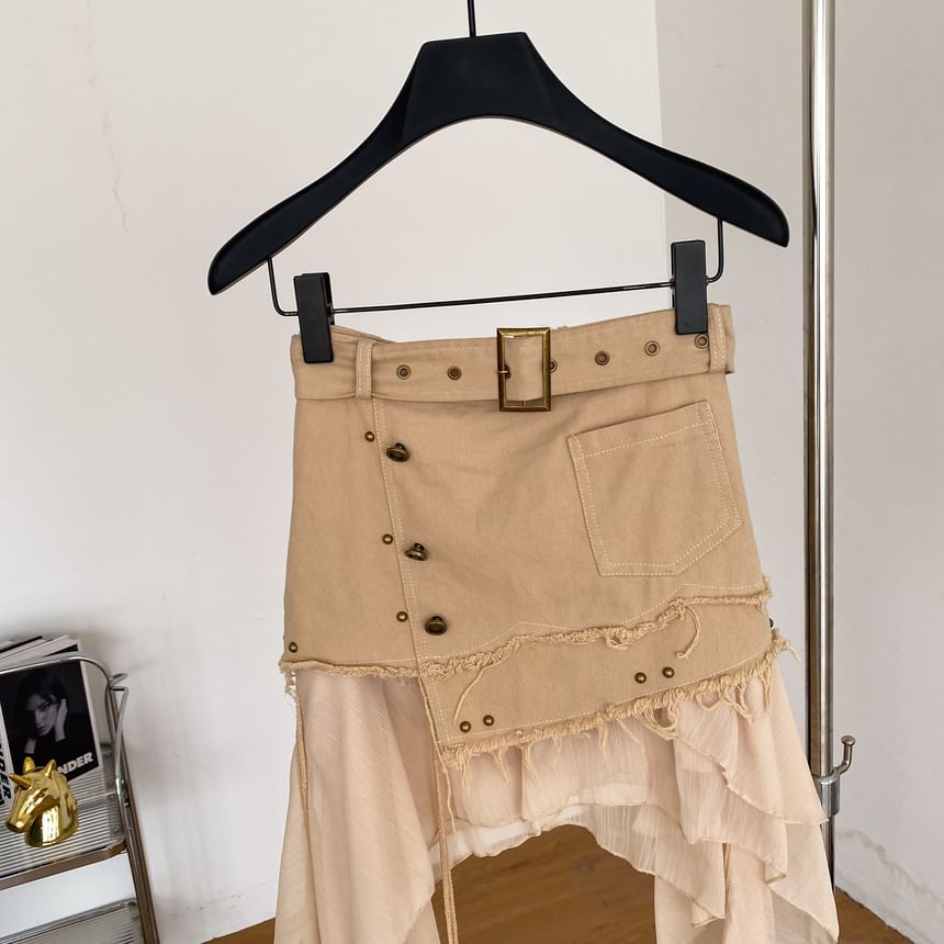 High Waist Ruffle Fray Studded Belted Panel Mesh Mini A-Line Skirt