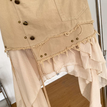 High Waist Ruffle Fray Studded Belted Panel Mesh Mini A-Line Skirt