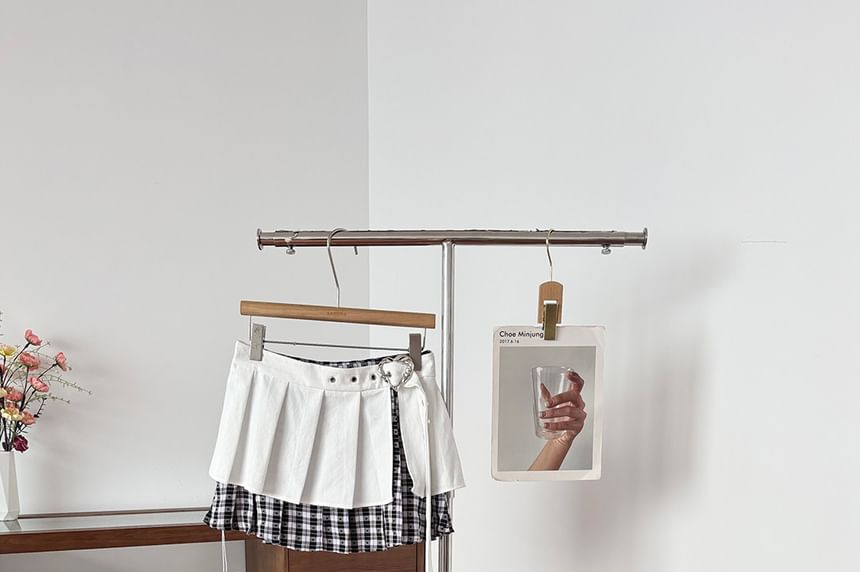 Low Waist Plaid Panel Mini Pleated Skirt