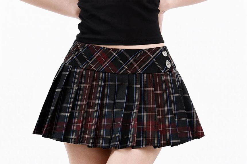 Low Rise Plaid Mini Pleated Skirt