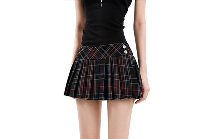 Low Rise Plaid Mini Pleated Skirt