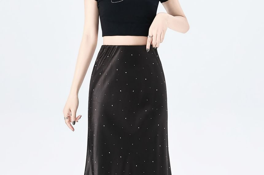 High Waist Rhinestone Mermaid Maxi Skirt