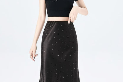 High Waist Rhinestone Mermaid Maxi Skirt