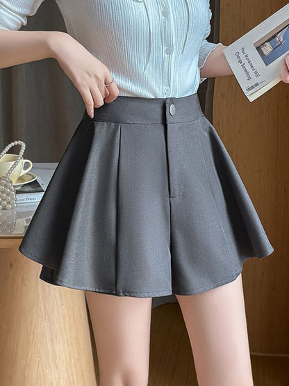 High Waist Button Pleated Plain Flared Mini Skirt