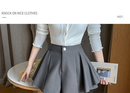 High Waist Button Pleated Plain Flared Mini Skirt