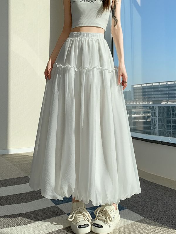 Elastic Waist Plain Ruffle Trim Maxi A-Line Skirt