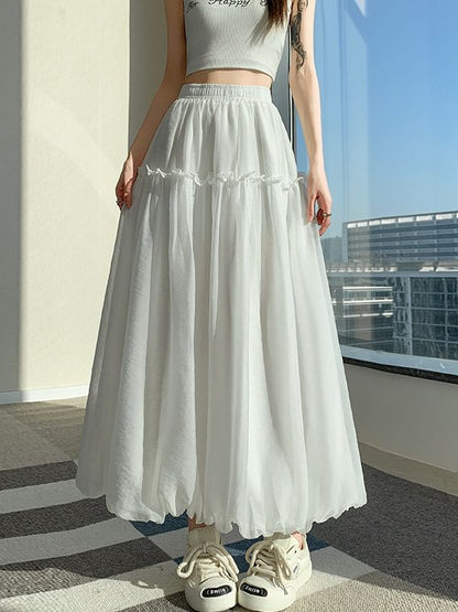 Elastic Waist Plain Ruffle Trim Maxi A-Line Skirt
