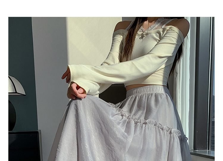Elastic Waist Plain Ruffle Trim Maxi A-Line Skirt