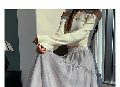 Elastic Waist Plain Ruffle Trim Maxi A-Line Skirt