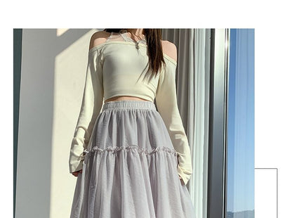 Elastic Waist Plain Ruffle Trim Maxi A-Line Skirt