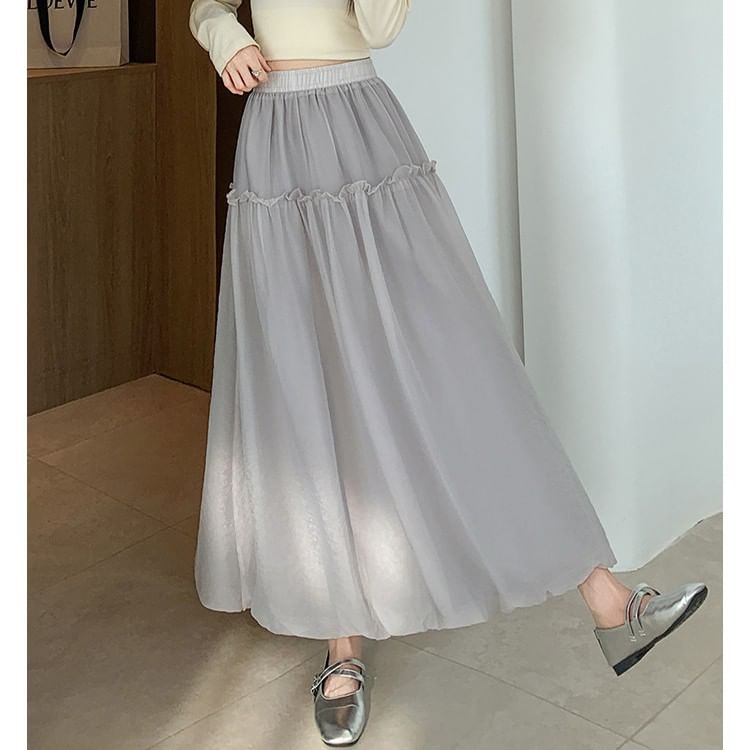 Elastic Waist Plain Ruffle Trim Maxi A-Line Skirt
