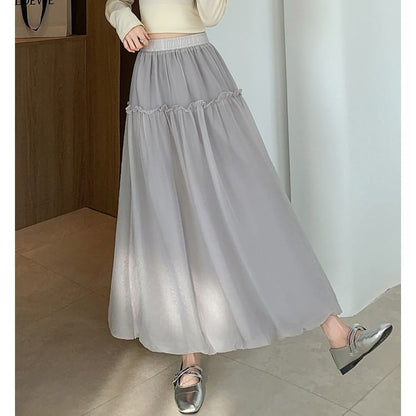 Elastic Waist Plain Ruffle Trim Maxi A-Line Skirt