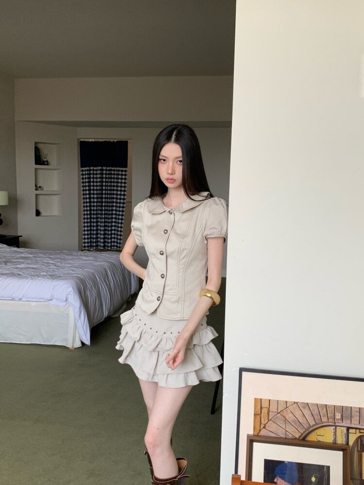 Short Sleeve Collared Contrast Stitch Blouse / High Waist Studded Tiered Mini A-Line Skirt