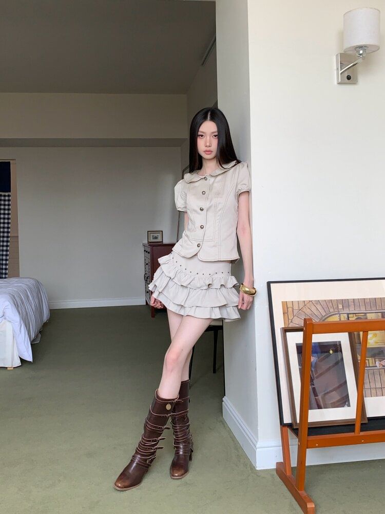 Short Sleeve Collared Contrast Stitch Blouse / High Waist Studded Tiered Mini A-Line Skirt