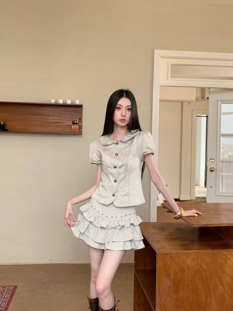 Short Sleeve Collared Contrast Stitch Blouse / High Waist Studded Tiered Mini A-Line Skirt