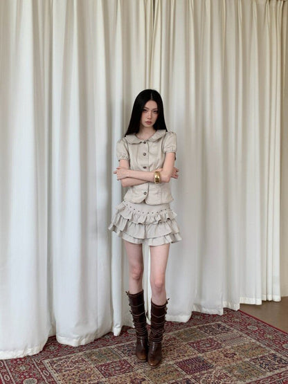 Short Sleeve Collared Contrast Stitch Blouse / High Waist Studded Tiered Mini A-Line Skirt