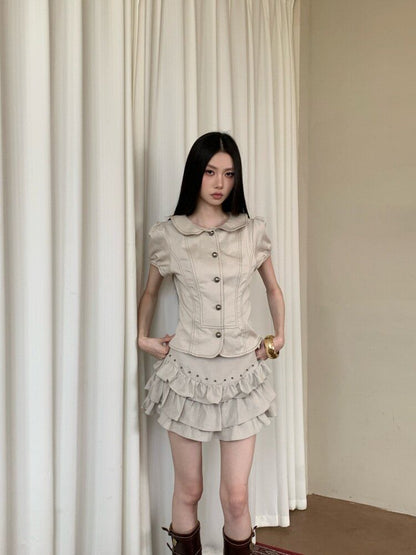 Short Sleeve Collared Contrast Stitch Blouse / High Waist Studded Tiered Mini A-Line Skirt