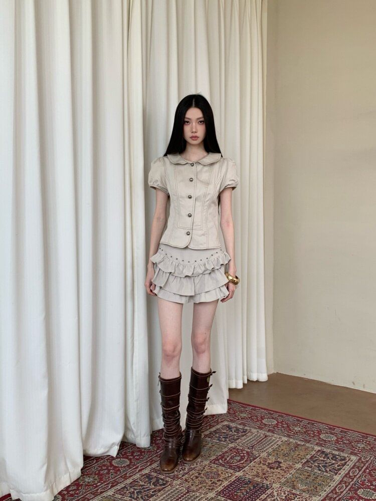 Short Sleeve Collared Contrast Stitch Blouse / High Waist Studded Tiered Mini A-Line Skirt