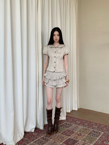 Short Sleeve Collared Contrast Stitch Blouse / High Waist Studded Tiered Mini A-Line Skirt