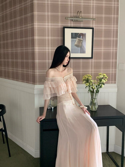Short Sleeve Off Shoulder Plain Ruffle Tiered Panel Lace Blouse / Mid Rise Maxi A-Line Skirt