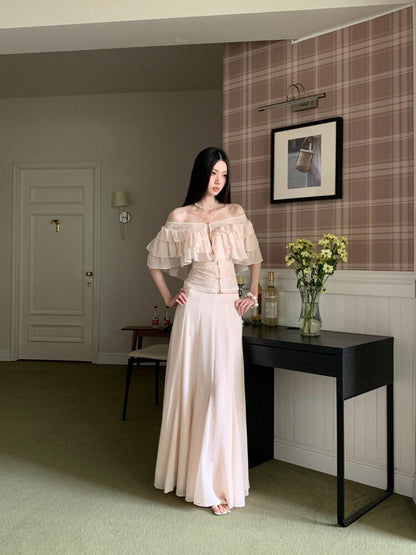 Short Sleeve Off Shoulder Plain Ruffle Tiered Panel Lace Blouse / Mid Rise Maxi A-Line Skirt