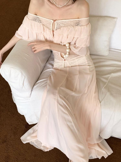 Short Sleeve Off Shoulder Plain Ruffle Tiered Panel Lace Blouse / Mid Rise Maxi A-Line Skirt