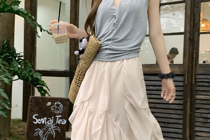 Mid Rise Plain Ruffle Asymmetrical Maxi A-Line Skirt