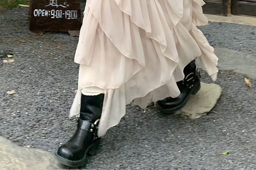 Mid Rise Plain Ruffle Asymmetrical Maxi A-Line Skirt