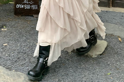 Mid Rise Plain Ruffle Asymmetrical Maxi A-Line Skirt