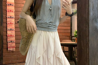 Mid Rise Plain Ruffle Asymmetrical Maxi A-Line Skirt