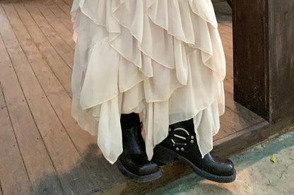Mid Rise Plain Ruffle Asymmetrical Maxi A-Line Skirt