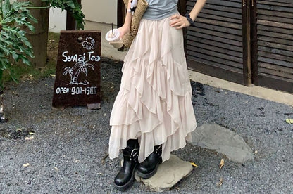 Mid Rise Plain Ruffle Asymmetrical Maxi A-Line Skirt
