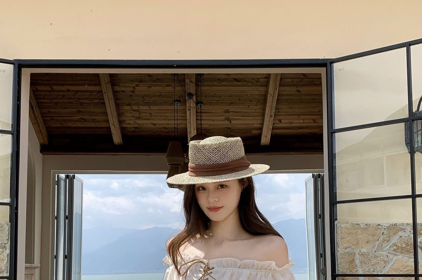 Set: Puff-Sleeve Off-Shoulder Plain Ruffle Lace-Up Blouse + Belt + High Waist Asymmetrical Mini A-Line Skirt