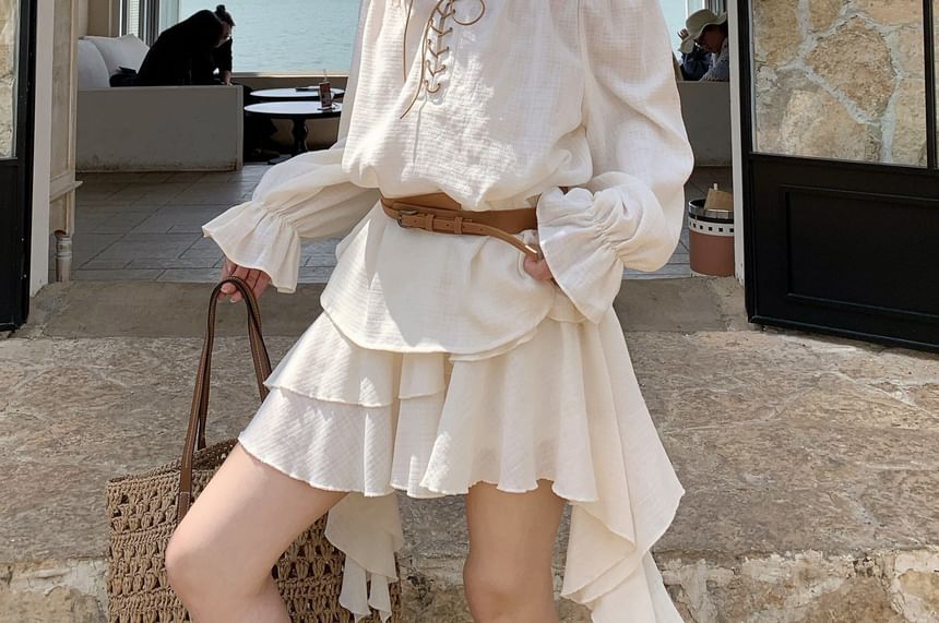 Set: Puff-Sleeve Off-Shoulder Plain Ruffle Lace-Up Blouse + Belt + High Waist Asymmetrical Mini A-Line Skirt