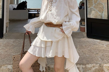 Set: Puff-Sleeve Off-Shoulder Plain Ruffle Lace-Up Blouse + Belt + High Waist Asymmetrical Mini A-Line Skirt