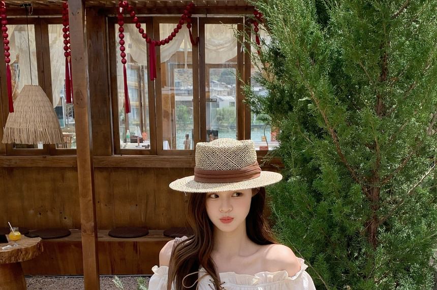 Set: Puff-Sleeve Off-Shoulder Plain Ruffle Lace-Up Blouse + Belt + High Waist Asymmetrical Mini A-Line Skirt