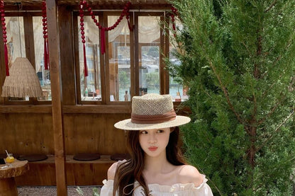 Set: Puff-Sleeve Off-Shoulder Plain Ruffle Lace-Up Blouse + Belt + High Waist Asymmetrical Mini A-Line Skirt