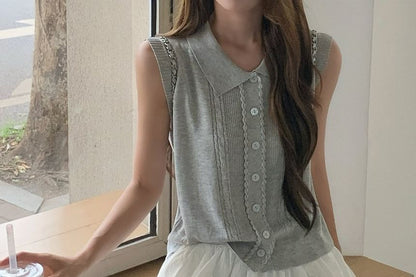 Mid Rise Plain A-Line Skirt / Collar Lace Trim Button-Up Tank Top