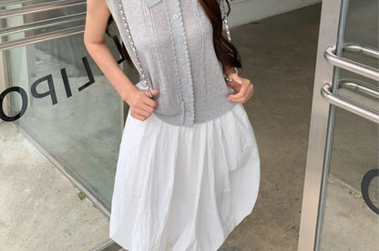 Mid Rise Plain A-Line Skirt / Collar Lace Trim Button-Up Tank Top