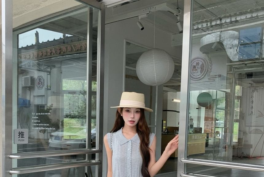 Mid Rise Plain A-Line Skirt / Collar Lace Trim Button-Up Tank Top