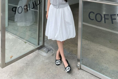 Mid Rise Plain A-Line Skirt / Collar Lace Trim Button-Up Tank Top