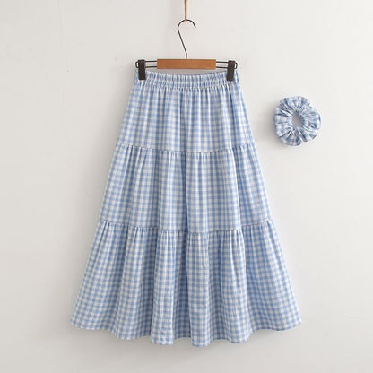 Elastic Waist Plaid Midi A-Line Skirt